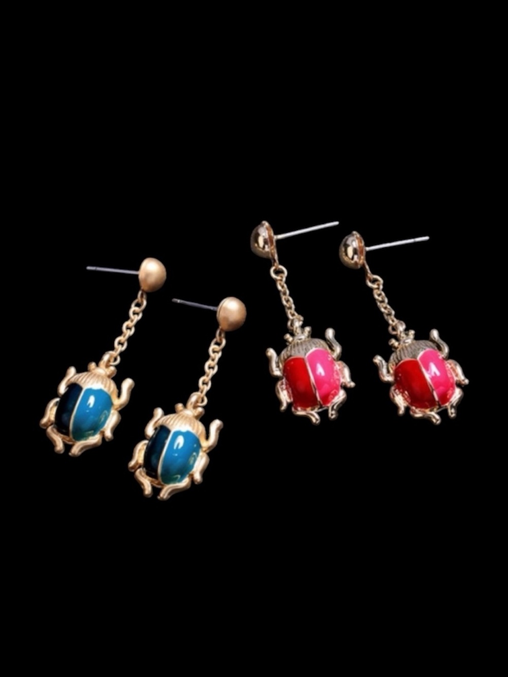 BOUTIQUE Gold Blue Beetle Bug Dangle Drop Statement Earrings - Picture 9 of 9